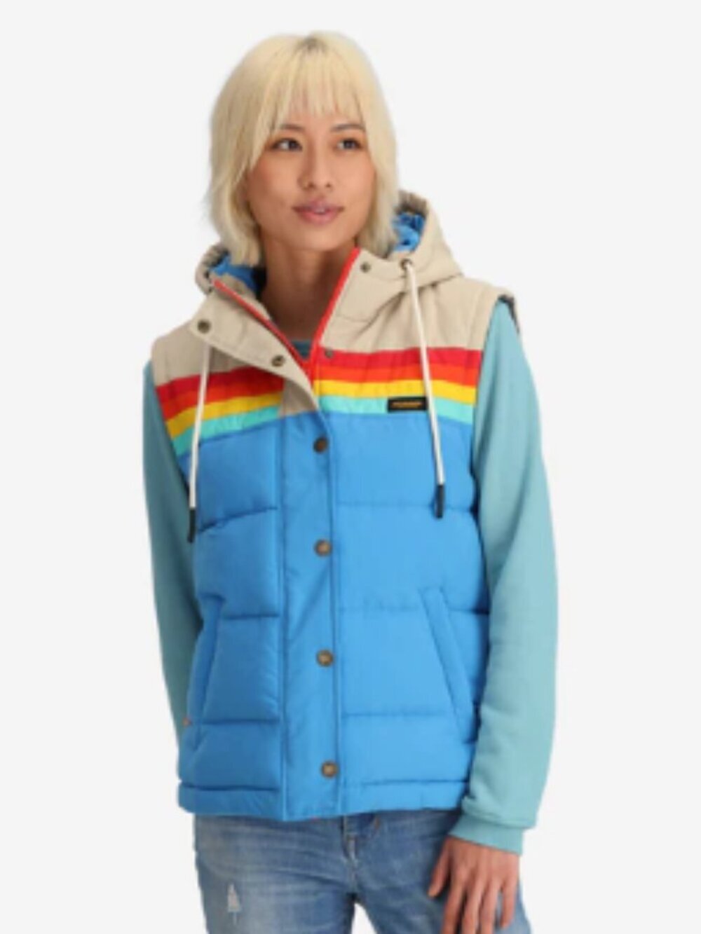 Yo Colorado Women's Large Epic Bluebird Puffer Hooded Vest NWT Blue Red Puff - Picture 8 of 13